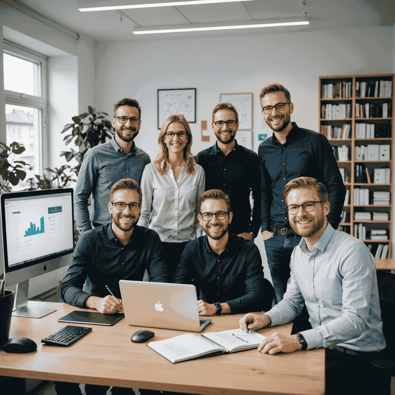 Das toqocuo.com Team in ihrem Münchner Büro, lächelnd und zusammenarbeitend an Computern, umgeben von modernen Lernmaterialien und IT-Ausrüstung