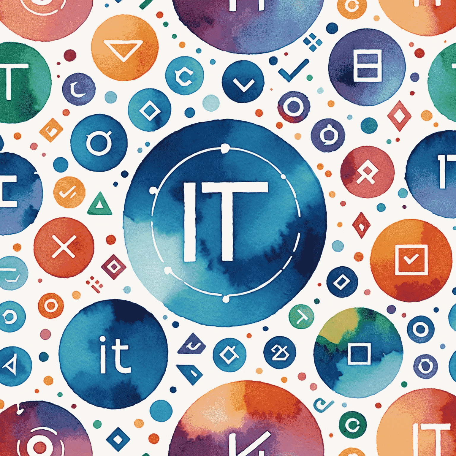 Abstrakte Darstellung von Programmiercode und IT-Symbolen in Aquarell-Stil, die die Vielfalt und Kreativität in der IT-Branche symbolisieren