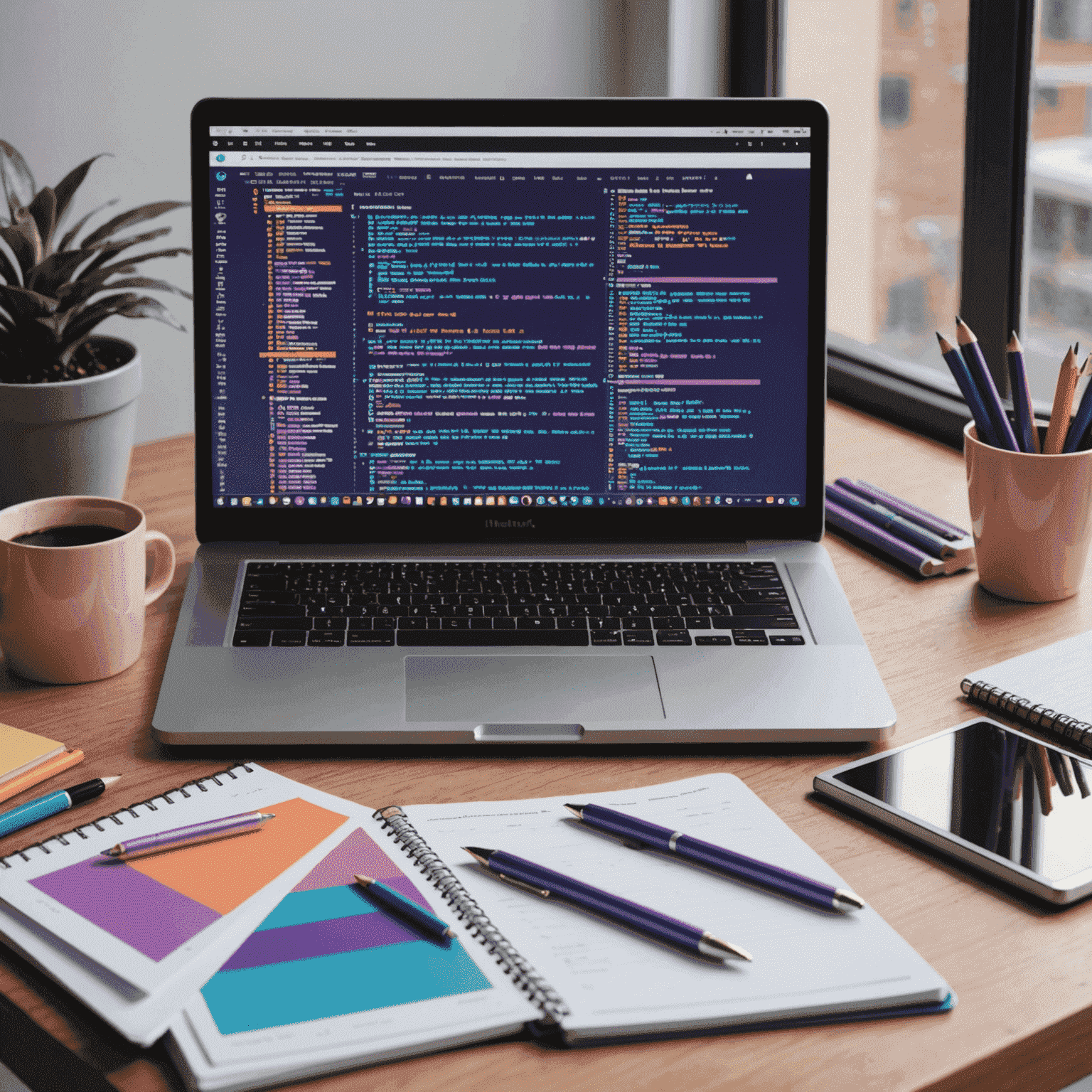 Ein Schreibtisch mit einem Laptop, auf dem Programmcode zu sehen ist. Daneben liegen Notizblöcke und Stifte in den Farben Lila, Rosa-Orange und Blau, die die Farbpalette der Website widerspiegeln.
