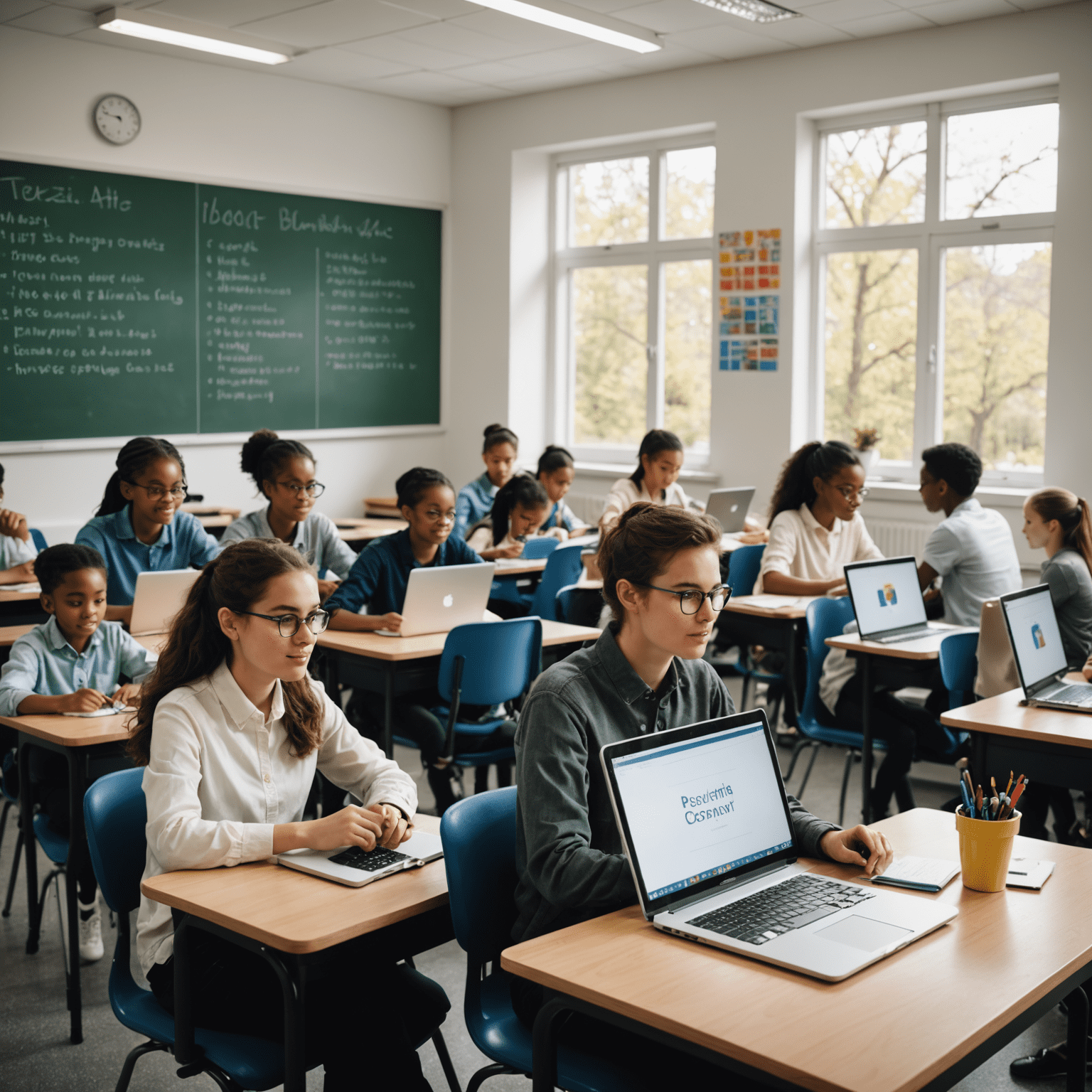 Ein helles, modernes Klassenzimmer mit Studenten, die an Computern programmieren. Der Raum ist mit motivierenden Programmier-Postern und einem freundlichen Lehrer an der Tafel ausgestattet.